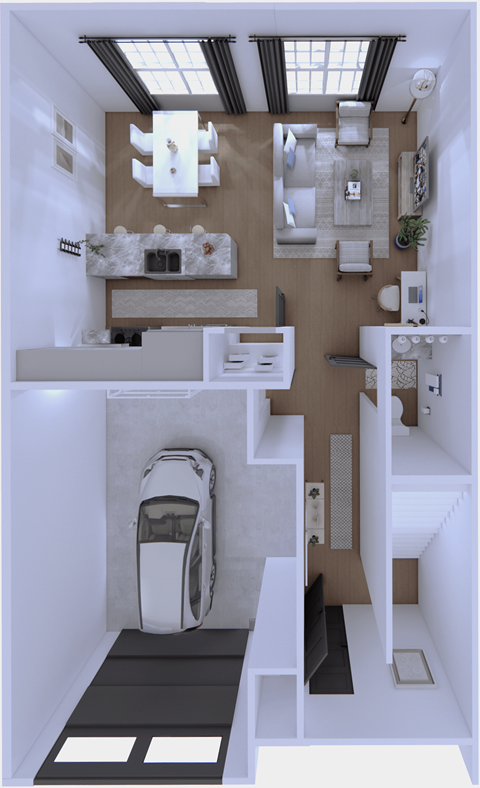 A 3D rendered image of a modern bathroom.